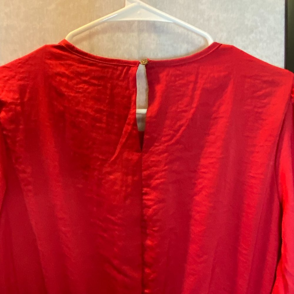 Knox Rose Red Satin Ruffled XS Mini Dress Gathered Scoop Neck Long Sleeve NEW - Picture 4 of 8